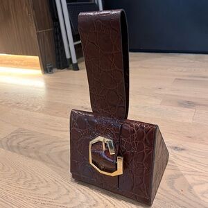 Louise et Cie Embossed Brown Leather Hand Bag Gold Hardware